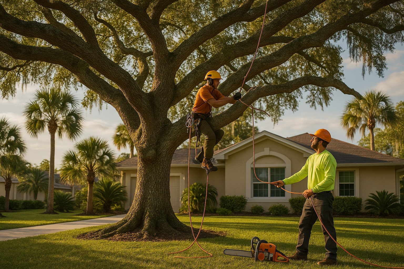 A tree crew carefully pruning a large healthy live oak in a Florida front yard, one climber in the canopy and a groundsman guiding the rigging rope