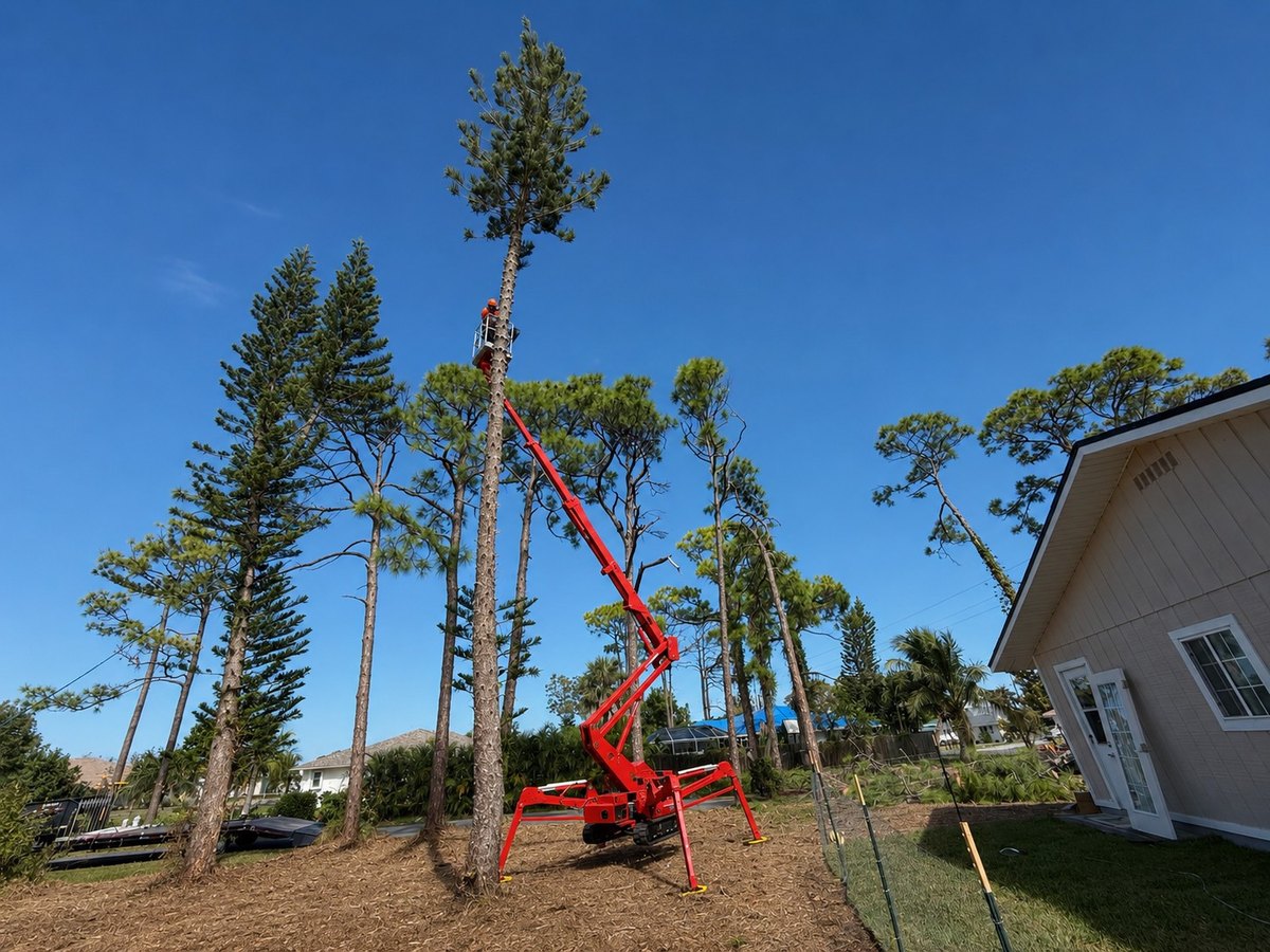 An Eagle Eye climber working from a tracked spider lift raised into the top of a tall pine beside a Southwest Florida home