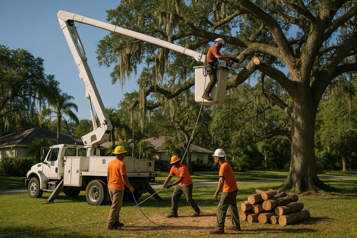 A Eagle Eye Tree & Land Services crew taking down an oak limb - a climber working from the bucket truck while ground crew guide the rope and stack logs